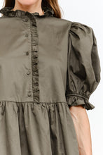 Load image into Gallery viewer, NEWEST ARRIVAL Dark Olive Brown Poplin Puff Sleeve Babydoll Dress
