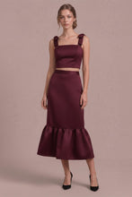 Load image into Gallery viewer, NEWEST ARRIVAL Burgundy Satin Shoulder Tie Midi Skirt Set
