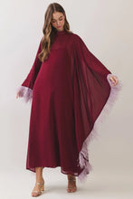 Load image into Gallery viewer, NEWEST ARRIVAL Burgundy Feather Trim Caftan Maxi Dress
