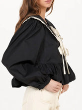 Load image into Gallery viewer, NEWEST ARRIVAL Black Peter Pan Collar Front Tie Blouse
