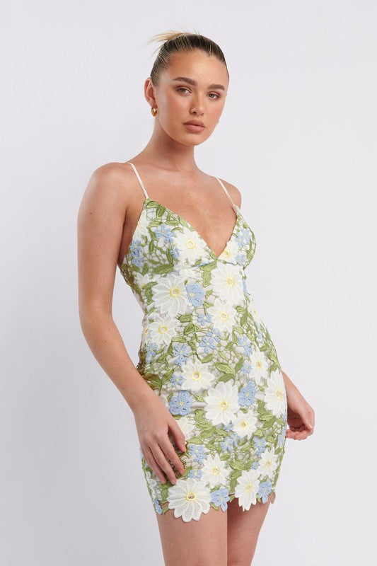 LAST ONE FINAL SALE Blue/Green Crochet Floral Mini Dress