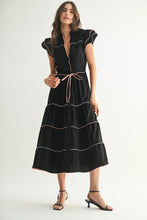 Load image into Gallery viewer, Black/Coral Tiered Midi Dress
