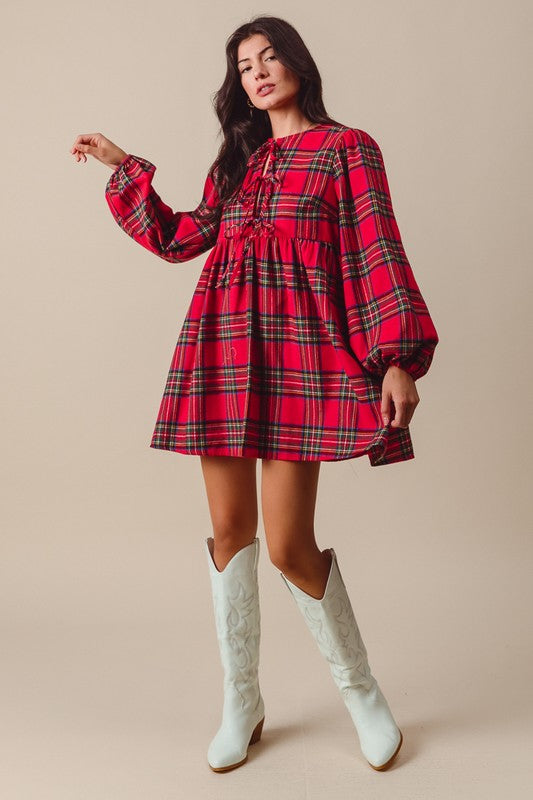 LAST ONE FINAL SALE Red Plaid Front Bow Babydoll Dress