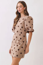 Load image into Gallery viewer, NEWEST ARRIVAL Taupe/Brown Polka Dot Bubble Sleeve Mini Dress
