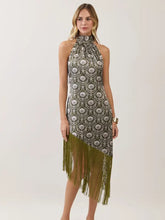 Load image into Gallery viewer, NEWEST ARRIVAL Green Floral Satin Asymmetrical Fringe Midi Dress
