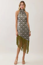Load image into Gallery viewer, NEWEST ARRIVAL Green Floral Satin Asymmetrical Fringe Midi Dress
