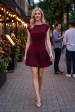 Load image into Gallery viewer, NEWEST ARRIVAL Burgundy Ruched Bubble Hem Drop Waist Dress
