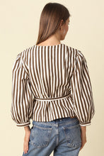 Load image into Gallery viewer, NEWEST ARRIVAL Brown Striped Peplum Belted Blouse
