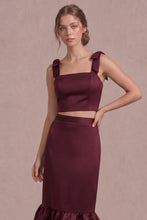 Load image into Gallery viewer, NEWEST ARRIVAL Burgundy Satin Shoulder Tie Midi Skirt Set
