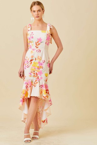 Cream Floral Print Shoulder Tie Midi Dress