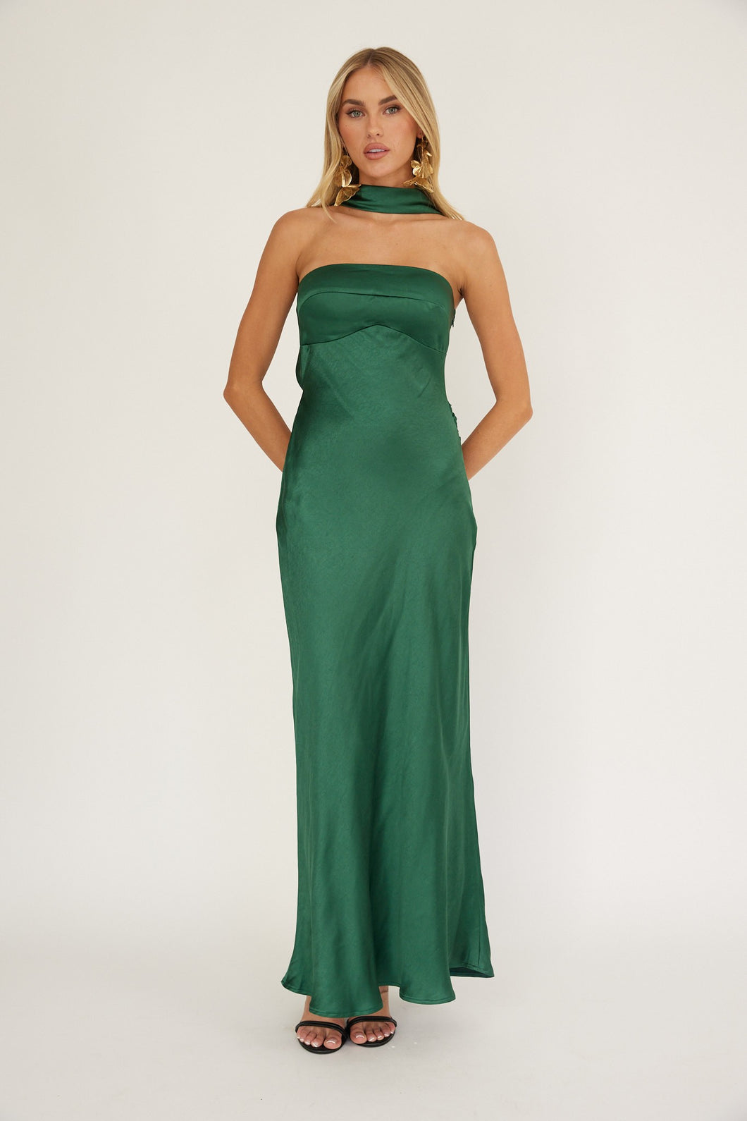 NEWEST ARRIVAL Hunter Green Satin Scarf Neck Maxi Dress