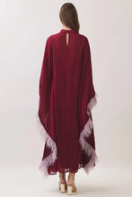 Load image into Gallery viewer, NEWEST ARRIVAL Burgundy Feather Trim Caftan Maxi Dress
