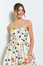 Load image into Gallery viewer, NEWEST ARRIVAL Ivory Polka Dot Floral Strapless Midi Dress
