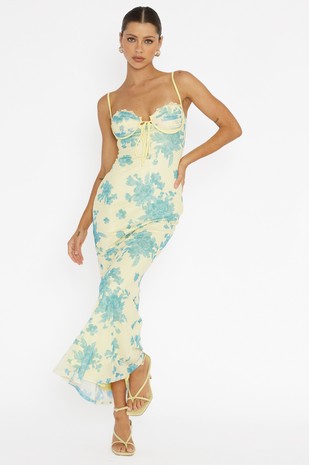 Yellow/Blue Floral Mesh Fitted Maxi Dress