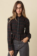 Load image into Gallery viewer, NEWEST ARRIVAL Brown/Dark Green Plaid Smocked Blouse
