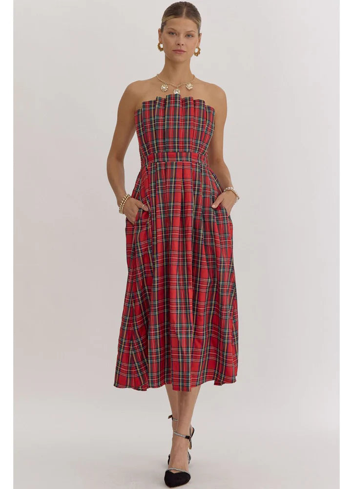 LAST ONE FINAL SALE Red Plaid Strapless Midi Dress