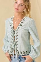 Load image into Gallery viewer, Sage Green Striped Front Tie Blouse

