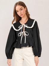 Load image into Gallery viewer, NEWEST ARRIVAL Black Peter Pan Collar Front Tie Blouse
