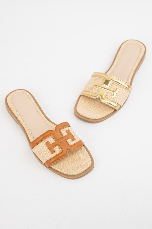NEWEST ARRIVAL Cognac Raffia Slides