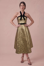 Load image into Gallery viewer, NEWEST ARRIVAL Gold/Black Jacquard Front Bow Midi Dress
