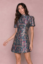 Load image into Gallery viewer, NEWEST ARRIVAL Dark Teal Jacquard Mock Neck Puff Sleeve Dress
