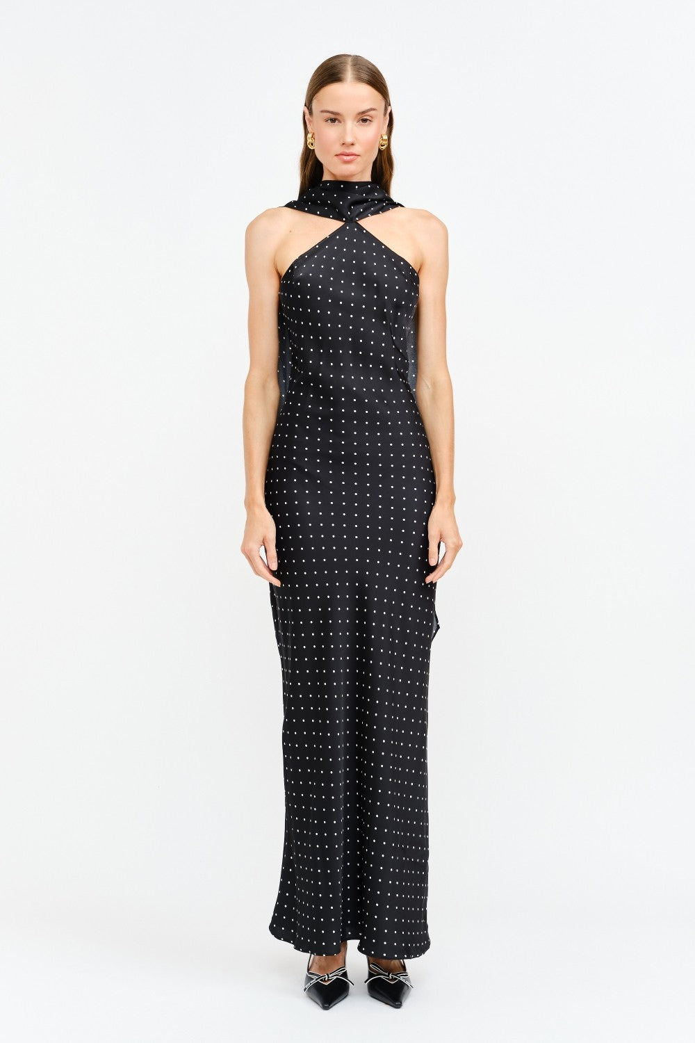 NEWEST ARRIVAL Black/White Polka Dot Neck Scarf Maxi Dress