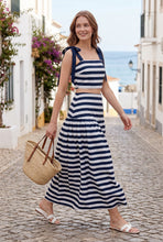 Load image into Gallery viewer, NEWEST ARRIVAL Navy/White Striped Shoulder Tie Midi Skirt Set
