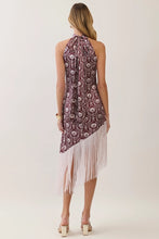 Load image into Gallery viewer, NEWEST ARRIVAL Green Floral Satin Asymmetrical Fringe Midi Dress
