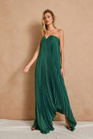 NEWEST ARRIVAL Emerald Green Pleated Maxi Column Dress