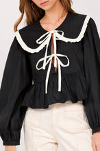 Load image into Gallery viewer, NEWEST ARRIVAL Black Peter Pan Collar Front Tie Blouse
