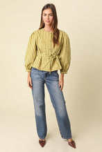 Load image into Gallery viewer, NEWEST ARRIVAL Kiwi Green Striped Peplum Belted Blouse
