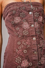 Load image into Gallery viewer, NEWEST ARRIVAL Plum Floral Embroidered Strapless Denim Dress
