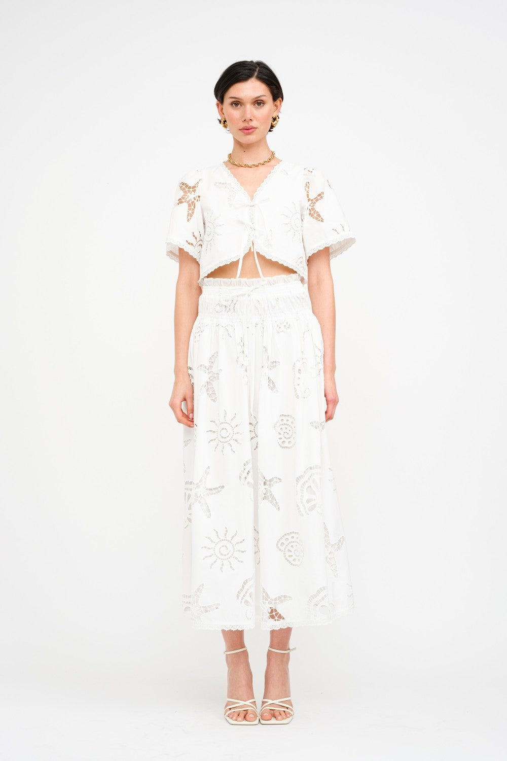 ONLINE ONLY White Seashell Beachy Embroidered Maxi Skirt Set