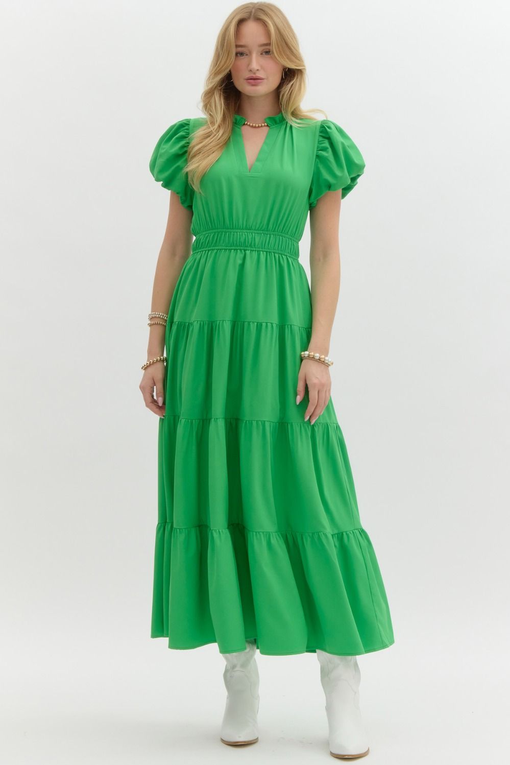 NEWEST ARRIVAL Green Short Puff Sleeve Tiered Dress