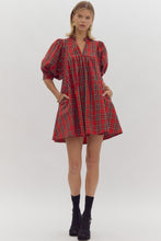 Load image into Gallery viewer, Christmas Red or Navy Plaid Puff Sleeve Dress
