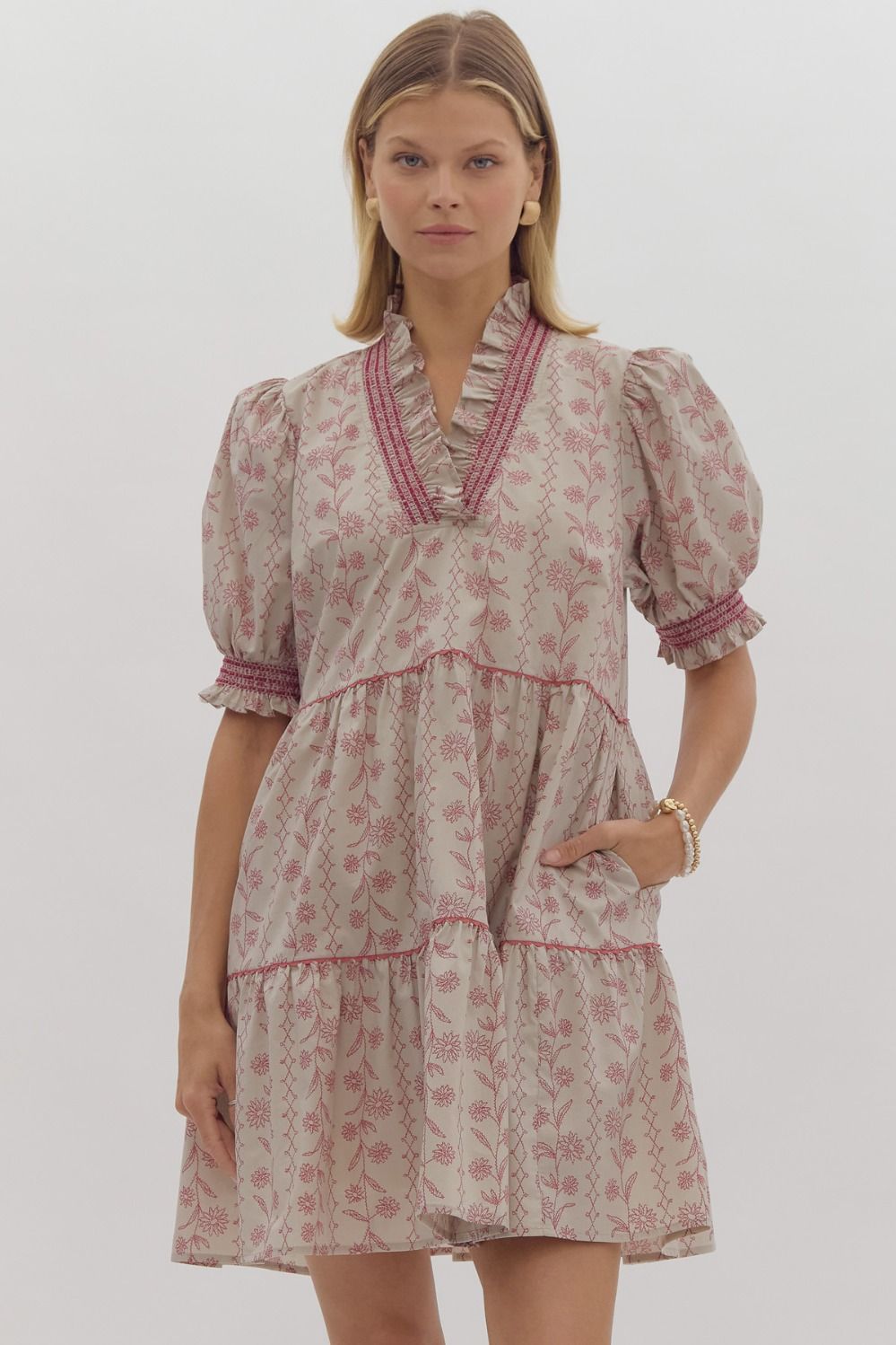 Ecru/Wine Fall Print Puff Sleeve Dress