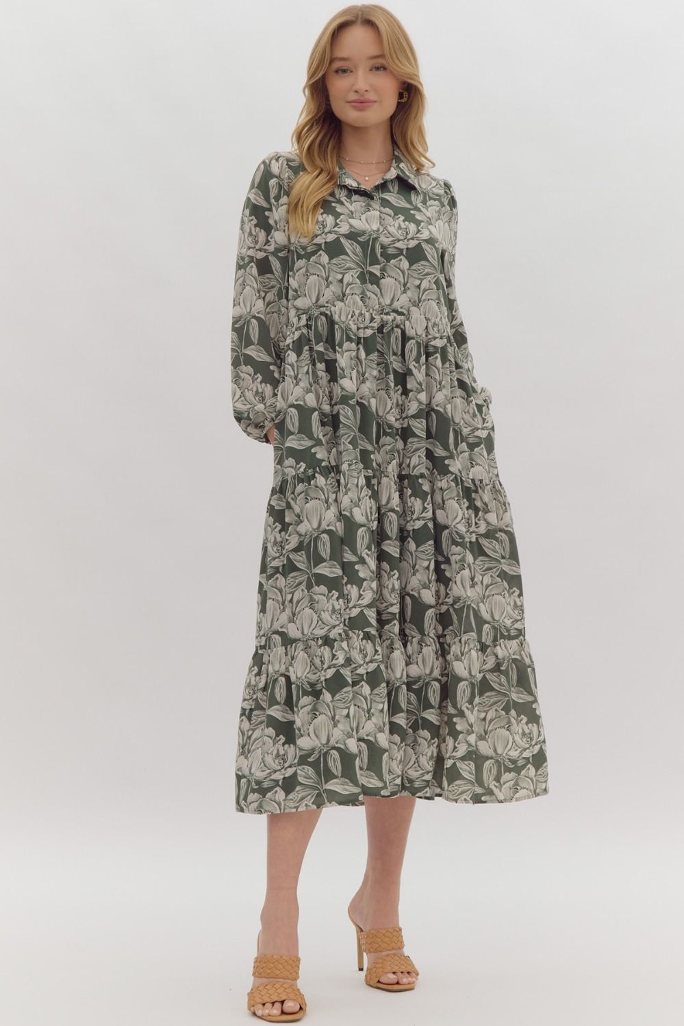 NEWEST ARRIVAL Olive Green Floral Print Midi Dress