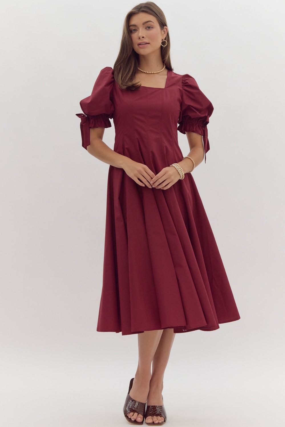 Wine Red Bow Sleeve Midi Dress