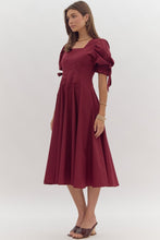 Load image into Gallery viewer, Wine Red Bow Sleeve Midi Dress
