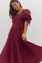 Load image into Gallery viewer, Wine Red Bow Sleeve Midi Dress
