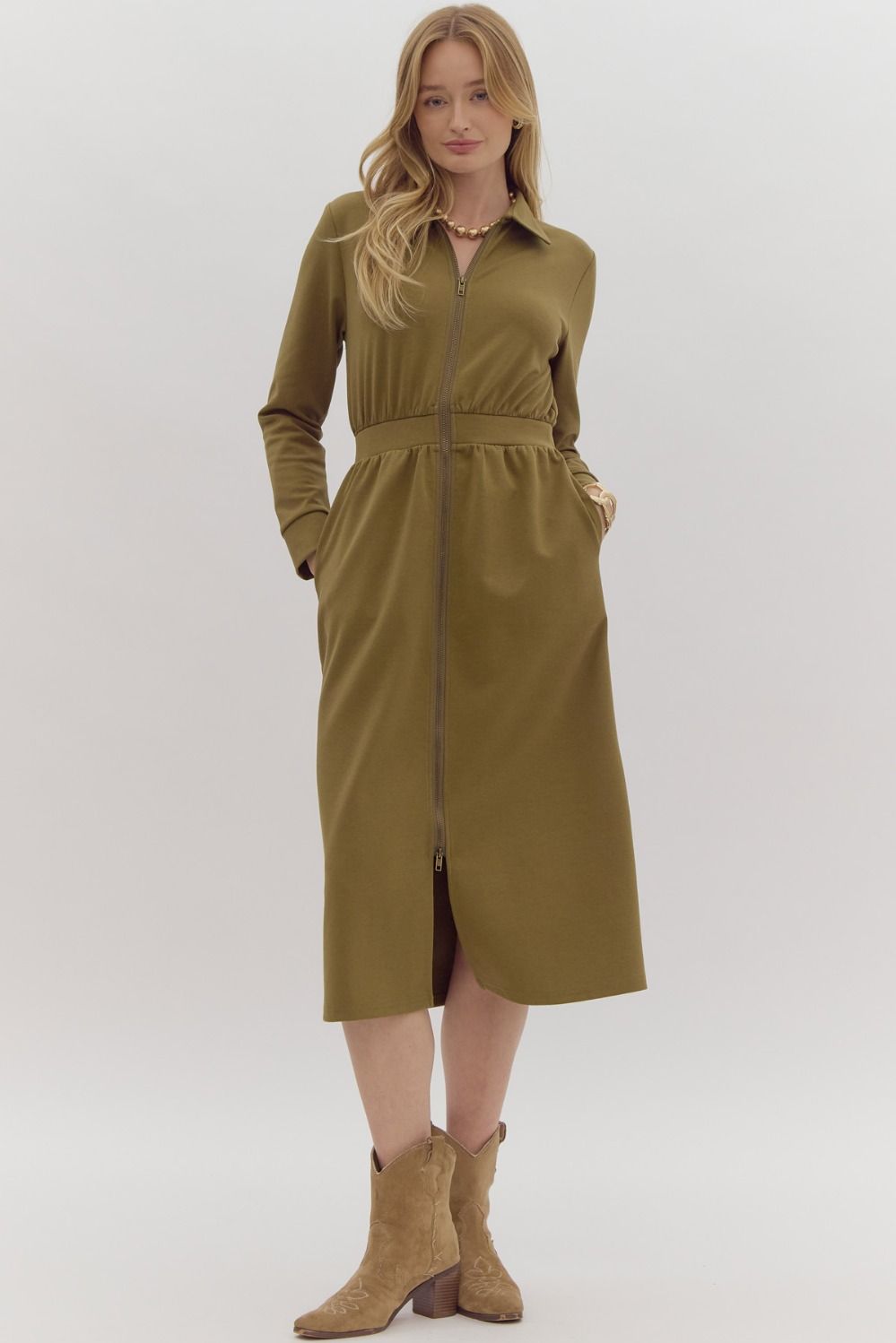NEWEST ARRIVAL Olive Green Zipper Front Comfy Midi Dress