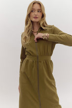 Load image into Gallery viewer, NEWEST ARRIVAL Olive Green Zipper Front Comfy Midi Dress
