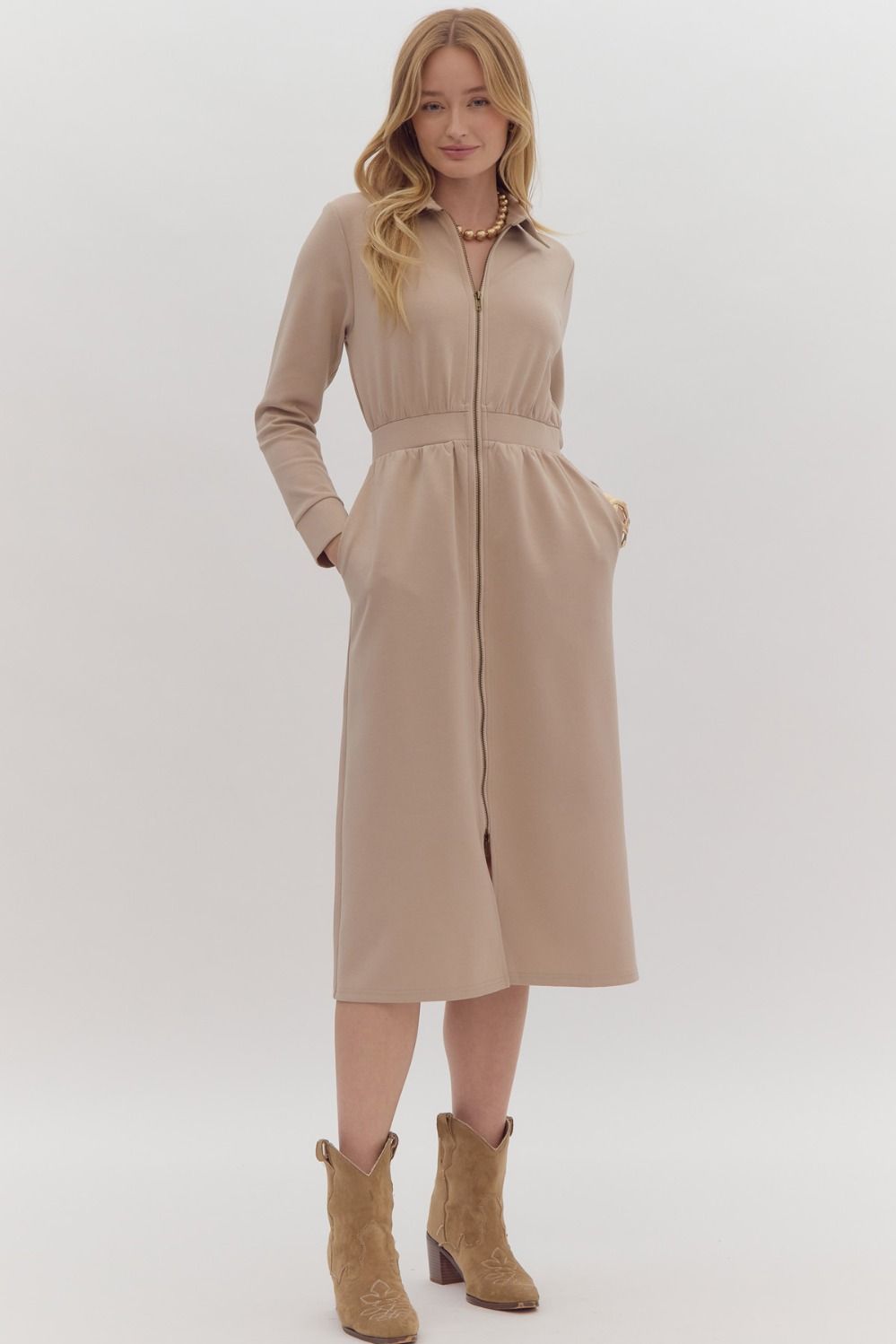 Taupe Zipper Front Comfy Midi Dress – Five Points Boutique