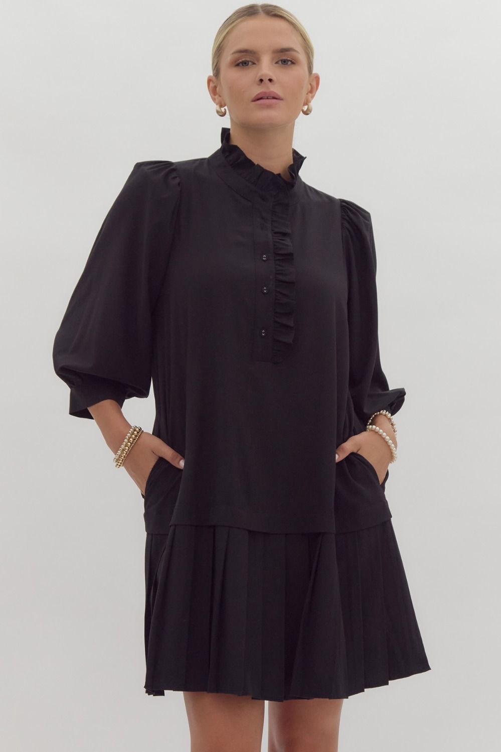 NEWEST ARRIVAL Black Ruffle Mock Neck Dress