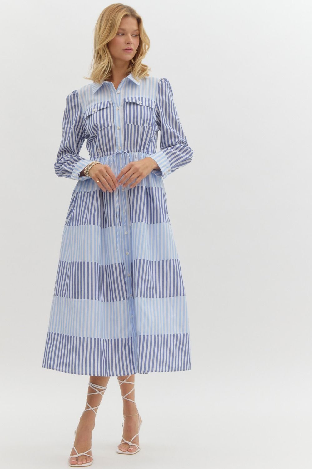 LAST ONE Blue Striped Button Down Midi Dress
