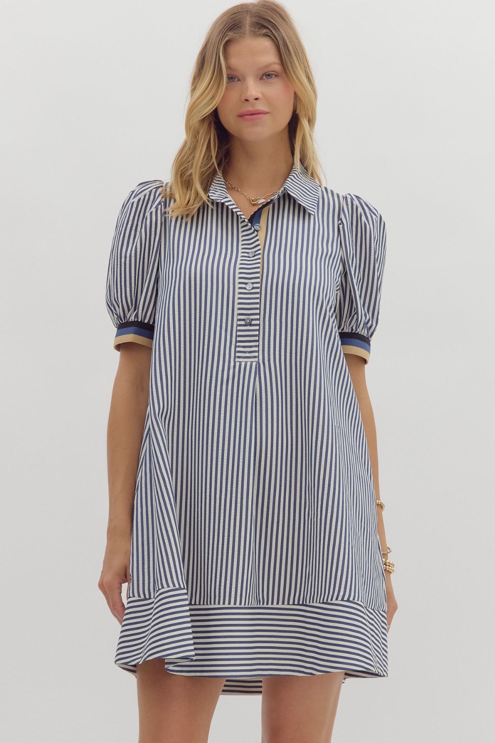NEWEST ARRIVAL Navy Stripe Puff Sleeve Swing Dress