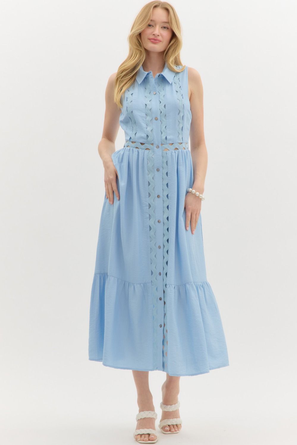 Baby Blue Button Down Scallop Midi Dress
