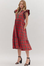 Load image into Gallery viewer, NEWEST ARRIVAL Red Christmas Plaid Flutter Sleeve Midi Dress
