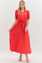 Load image into Gallery viewer, NEWEST ARRIVAL Red Puff Sleeve Quarter Zip Midi Dress

