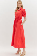 Load image into Gallery viewer, NEWEST ARRIVAL Red Puff Sleeve Quarter Zip Midi Dress
